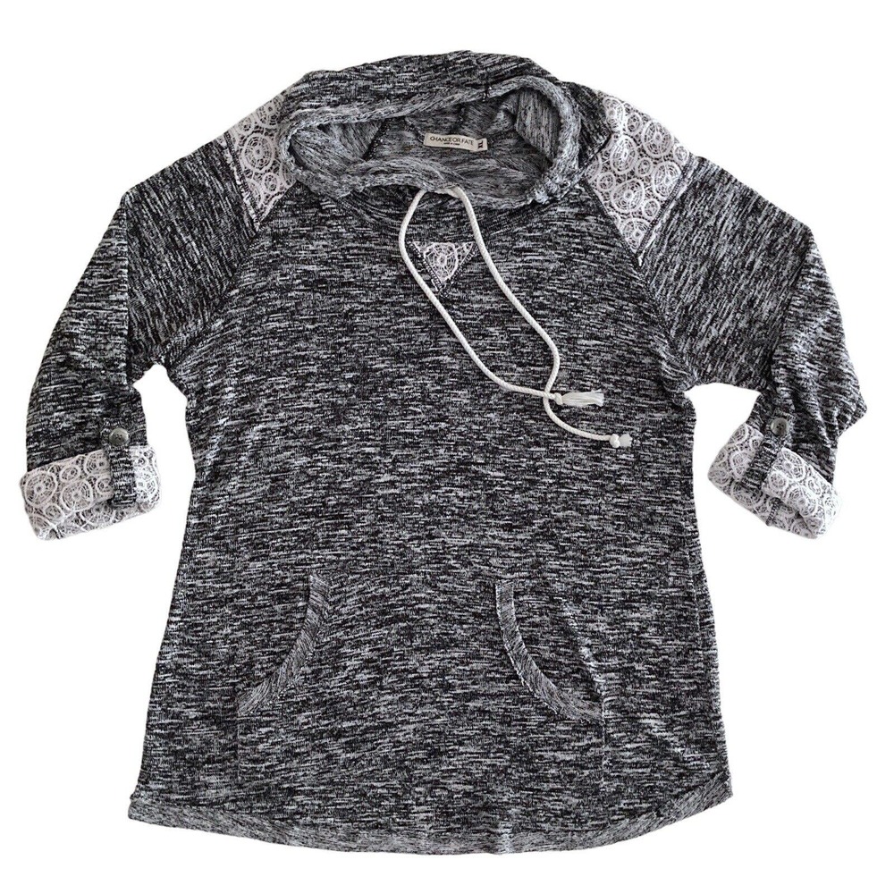 Chance or Fate XL Lightweight Sweater Hoodie Cowl Neck Gray Lace Roll up Sleeves